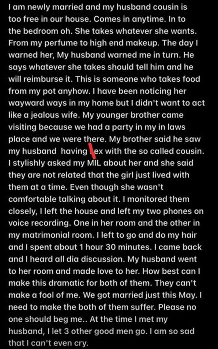 “how I Caught My Husband Having Sex With Lady He Claims To Be His Cousin” Newly Married Woman 3431